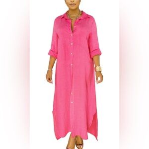 Women’s Solid Color Pink 3/4 Button Down Maxi Pink Dress Size Large